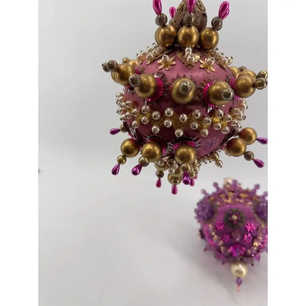 Vintage Handmade Beaded Christmas Ornament Pink Gold Sequin Ball OOAK Decor